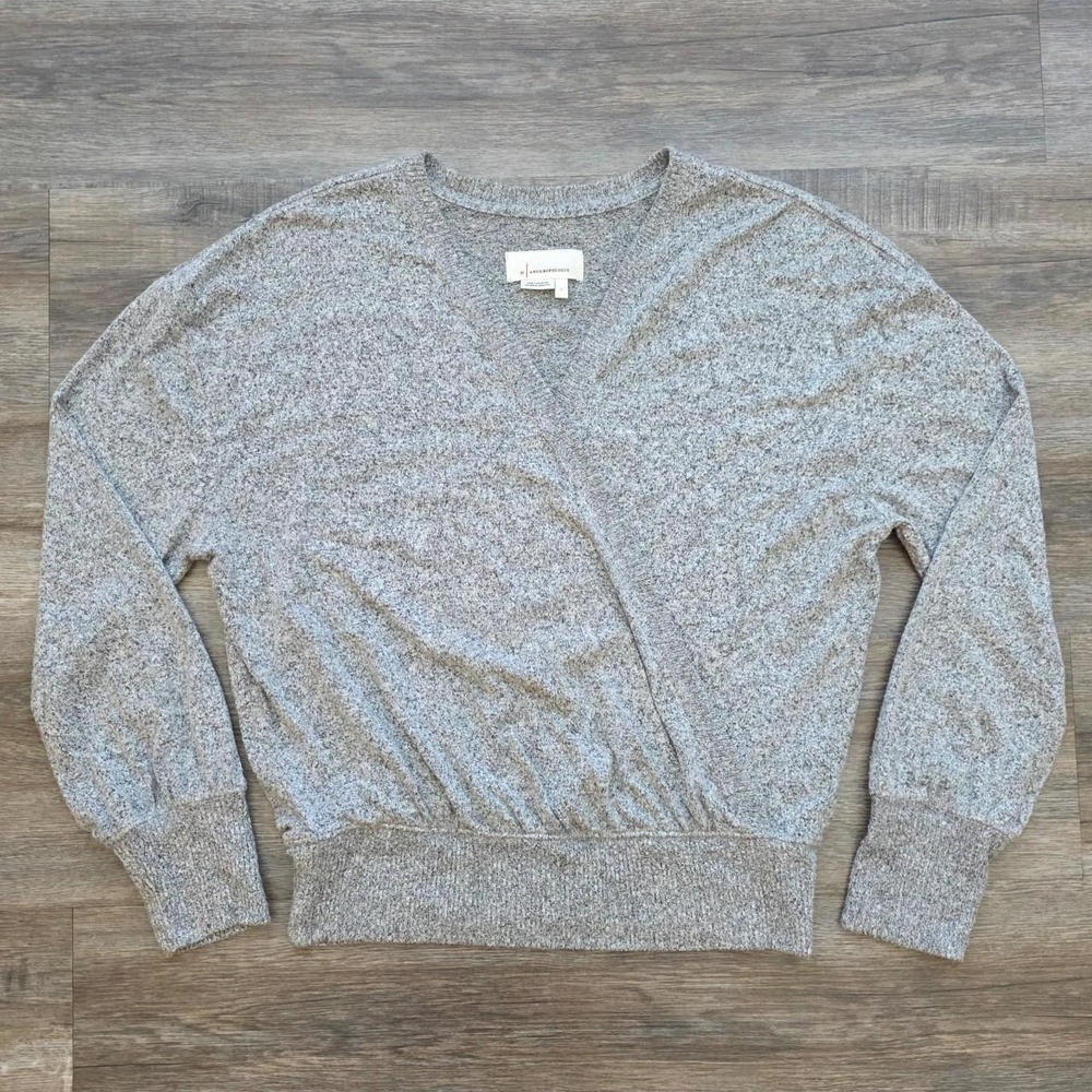 By Anthropologie Grey Wrap Sweater Top Coquette Balletcore Marl Knit Large